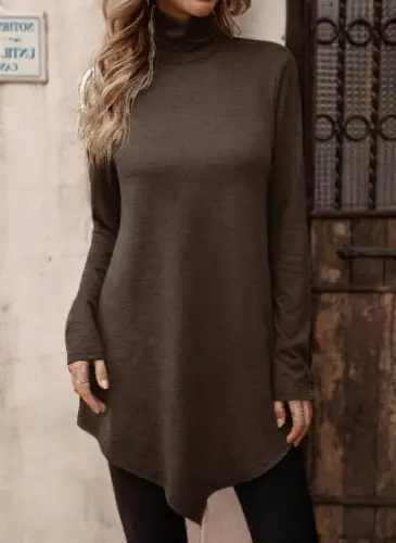 Women's Long Sleeve Turtleneck Asymmetric Cut Detailed Wool Viscose Blouse - 3