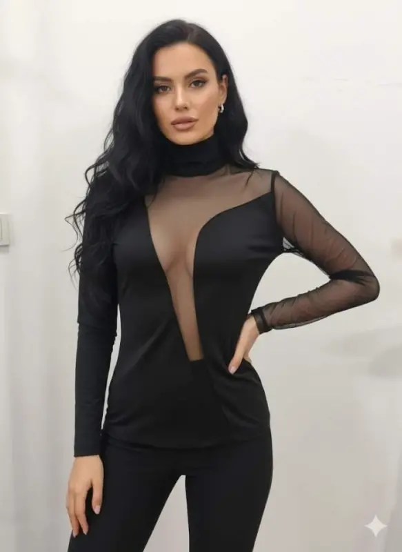 Women's Long Sleeve Turtleneck Asymmetric Transparent Detail Blouse - 1
