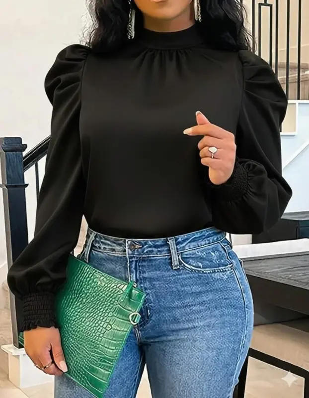 Women's Long Sleeve Turtleneck Back Tie Balloon Sleeve Imported Crepe Blouse - 1