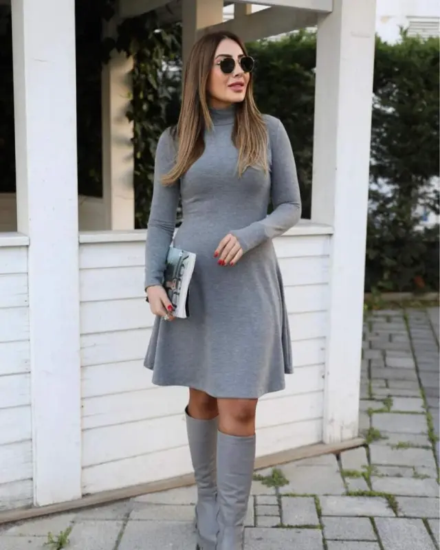 Women's Long Sleeve Turtleneck Baggy Short Acrylic Dress - BÜYÜKBEDENIZ