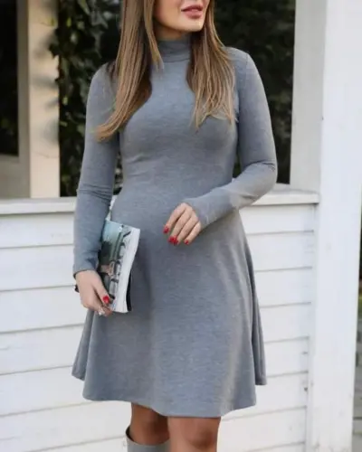Women's Long Sleeve Turtleneck Baggy Short Acrylic Dress - BÜYÜKBEDENIZ (1)