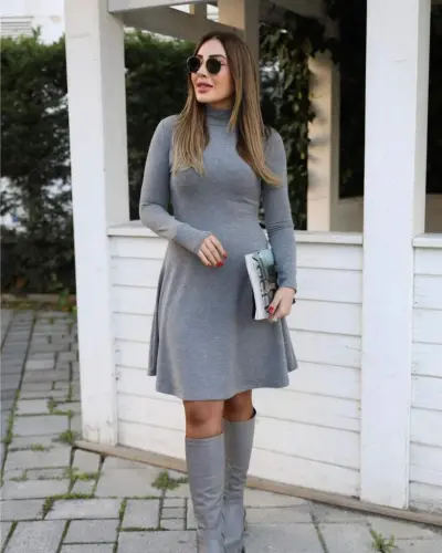 Women's Long Sleeve Turtleneck Baggy Short Acrylic Dress - 3