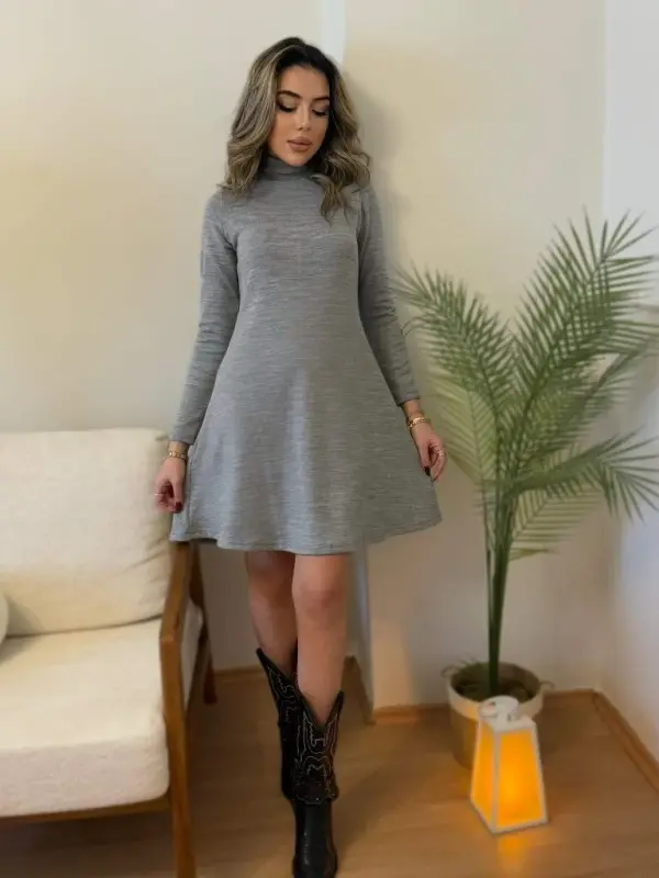 Women's Long Sleeve Turtleneck Baggy Short Acrylic Dress - 9