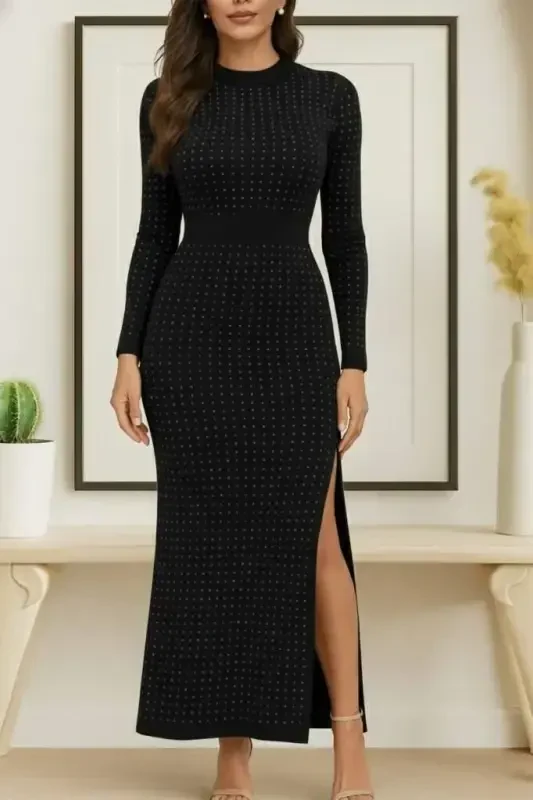 Women's Long Sleeve Turtleneck Beaded Midi Velvet Dress - BÜYÜKBEDENIZ