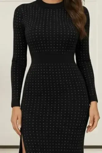 Women's Long Sleeve Turtleneck Beaded Midi Velvet Dress - BÜYÜKBEDENIZ (1)