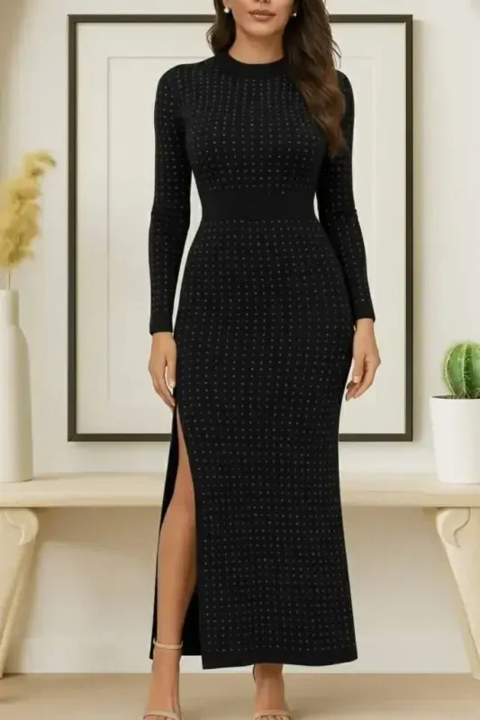 Women's Long Sleeve Turtleneck Beaded Midi Velvet Dress - 3