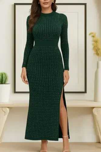 Women's Long Sleeve Turtleneck Beaded Midi Velvet Dress - 1