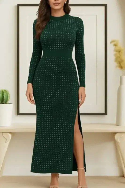 Women's Long Sleeve Turtleneck Beaded Midi Velvet Dress - 1