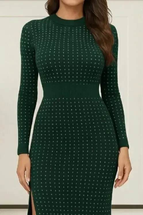 Women's Long Sleeve Turtleneck Beaded Midi Velvet Dress - 2