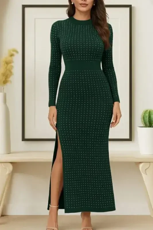 Women's Long Sleeve Turtleneck Beaded Midi Velvet Dress - 3