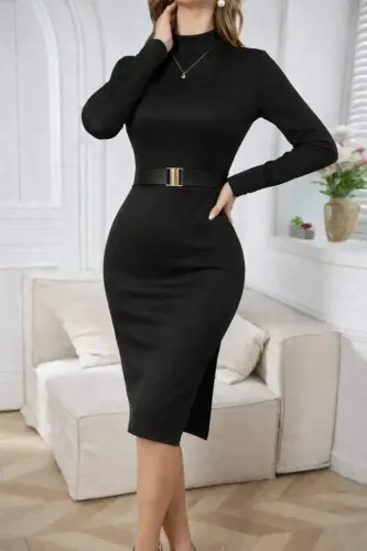 Women's Long Sleeve Turtleneck Belted Midi Faux Leather Dress - 1