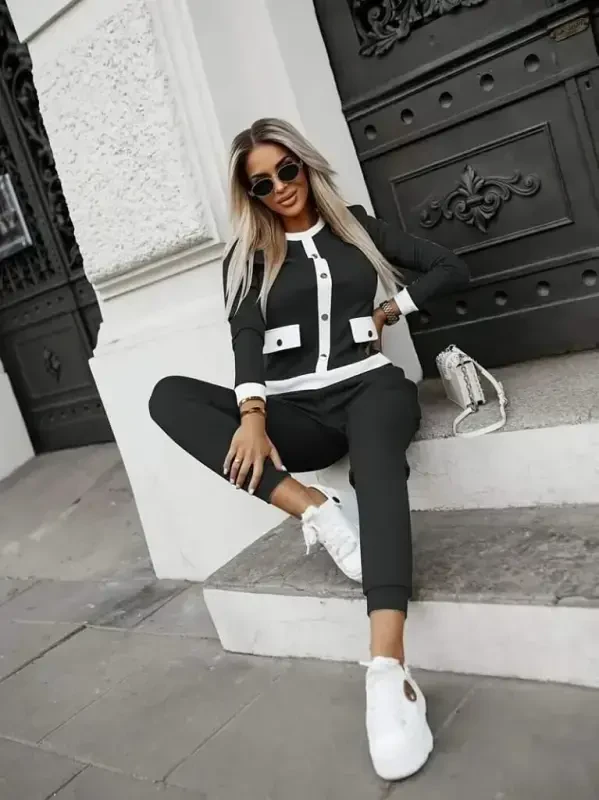 Women's Long Sleeve Turtleneck Button-Down Sherpa-Lined Ribbed Blouse and Pants Set - 3