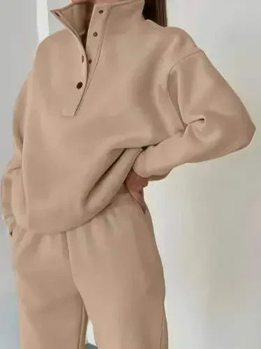 Women's Long Sleeve Turtleneck Buttoned Three Thread Blouse and Pants Set - 1