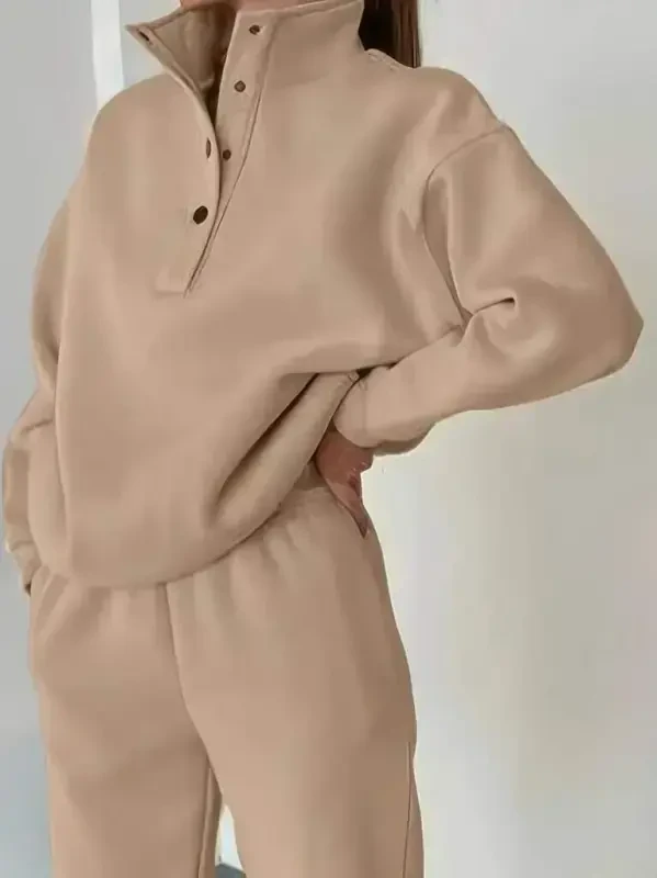 Women's Long Sleeve Turtleneck Buttoned Three Thread Blouse and Pants Set - 1