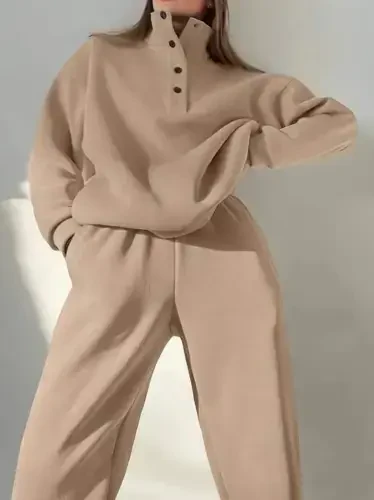 Women's Long Sleeve Turtleneck Buttoned Three Thread Blouse and Pants Set - BÜYÜKBEDENIZ (1)