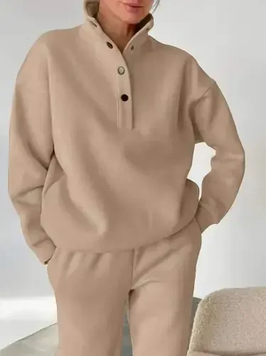 Women's Long Sleeve Turtleneck Buttoned Three Thread Blouse and Pants Set - 3