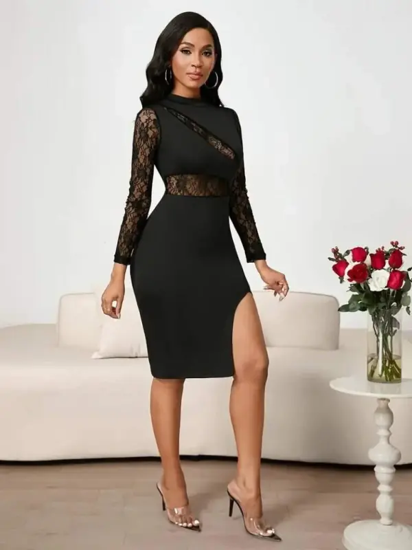 Women's Long Sleeve Turtleneck Chest Waistline Decollete Lace Detailed Side Slit Mini Imported Crepe Dress - 5