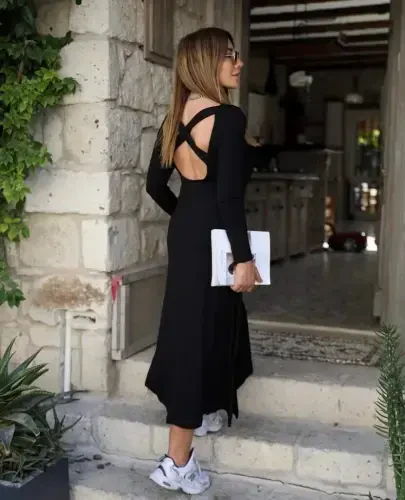 Women's Long Sleeve Turtleneck Criss Cross Back Detail Viscose Two Thread Maxi Dress - 1