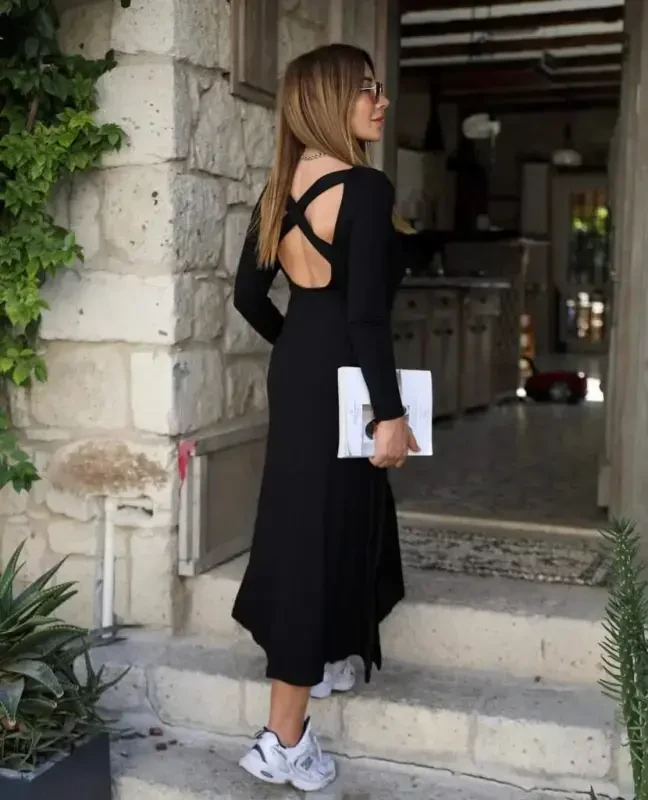 Women's Long Sleeve Turtleneck Criss Cross Back Detail Viscose Two Thread Maxi Dress - BÜYÜKBEDENIZ