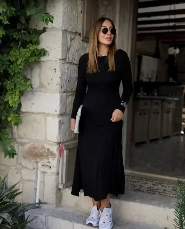 Women's Long Sleeve Turtleneck Criss Cross Back Detail Viscose Two Thread Maxi Dress - 2