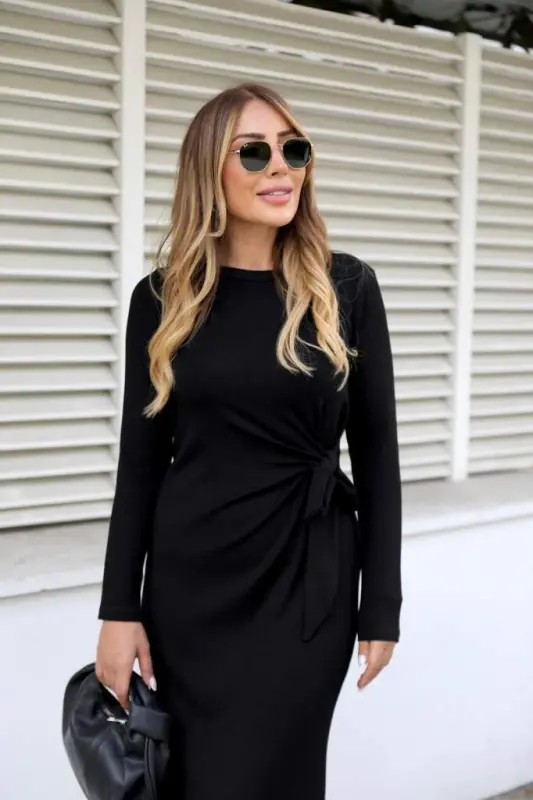 Women's Long Sleeve Turtleneck Crisscross Tie Waist Slit Side Long Viscose Two Thread Dress - 3