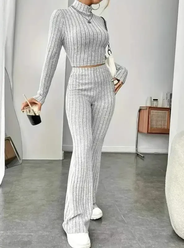 Women's Long Sleeve Turtleneck Crop and Trousers Brushed Rib Knit Set - BÜYÜKBEDENIZ