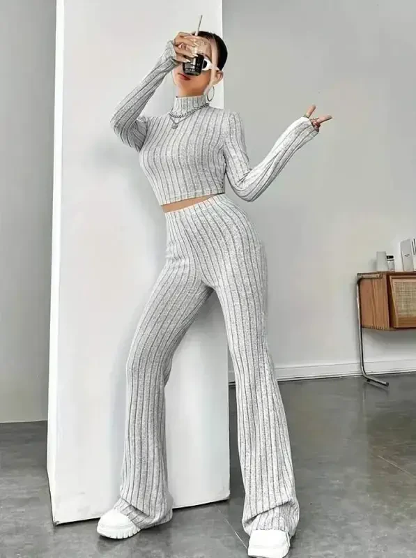 Women's Long Sleeve Turtleneck Crop and Trousers Brushed Rib Knit Set - 2