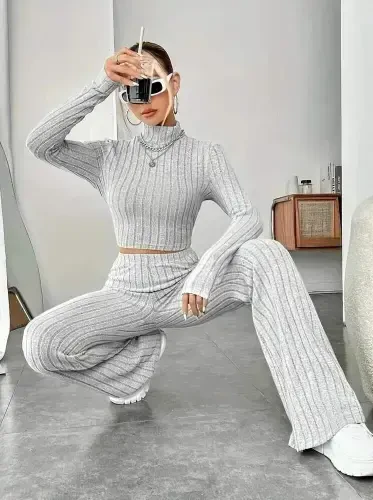 Women's Long Sleeve Turtleneck Crop and Trousers Brushed Rib Knit Set - 4