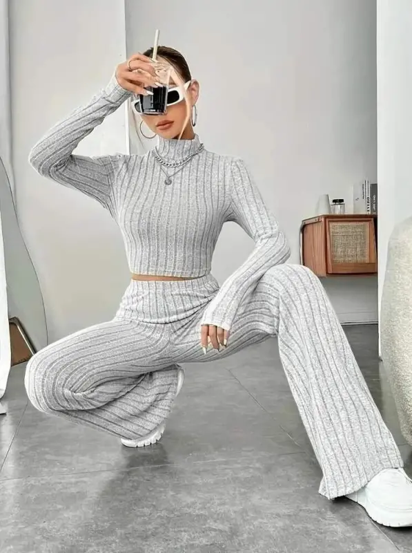 Women's Long Sleeve Turtleneck Crop and Trousers Brushed Rib Knit Set - 4
