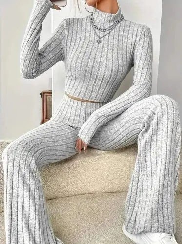 Women's Long Sleeve Turtleneck Crop and Trousers Brushed Rib Knit Set - 5