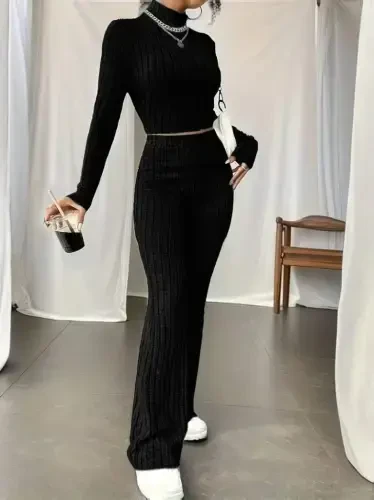 Women's Long Sleeve Turtleneck Crop And Trousers Brushed Rib Knitwear Set - 1