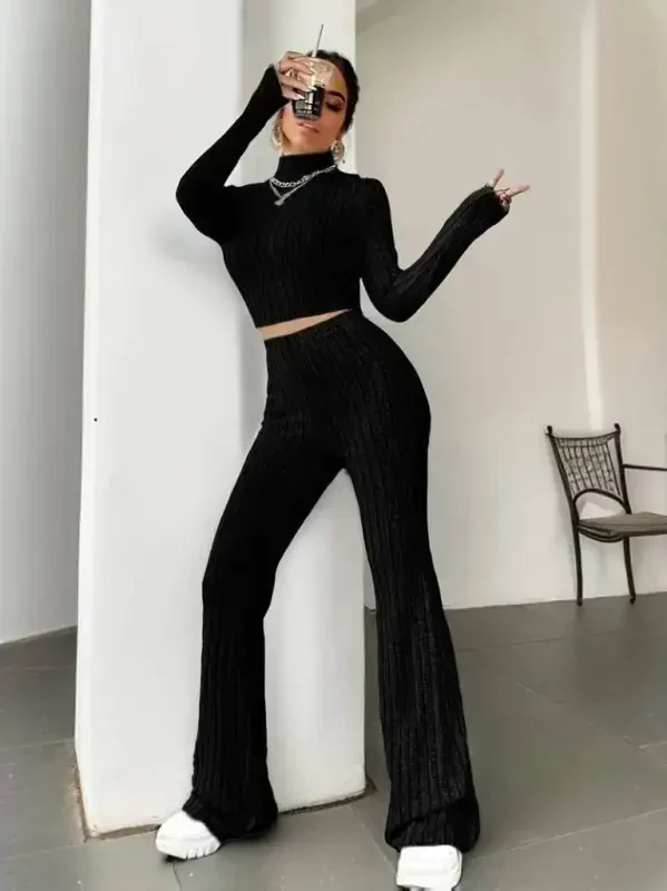 Women's Long Sleeve Turtleneck Crop And Trousers Brushed Rib Knitwear Set - 3