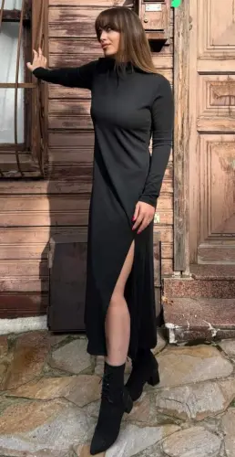 Women's Long Sleeve Turtleneck Deep Slit Detail Crepe Dress - 11
