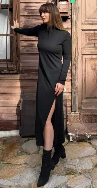 Women's Long Sleeve Turtleneck Deep Slit Detail Crepe Dress - 11