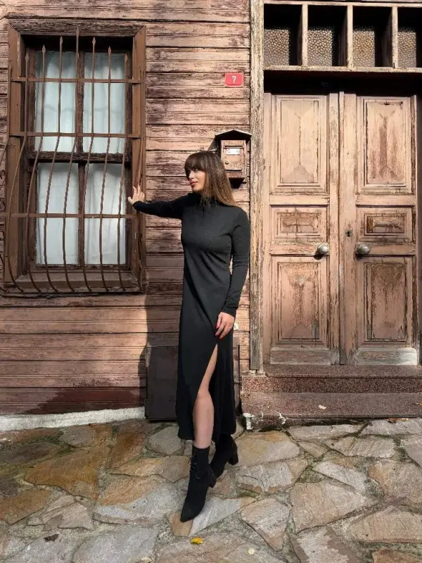 Women's Long Sleeve Turtleneck Deep Slit Detail Crepe Dress - 13