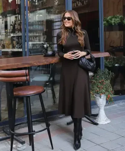 Women's Long Sleeve Turtleneck Deep Slit Detail Crepe Dress - BÜYÜKBEDENIZ (1)