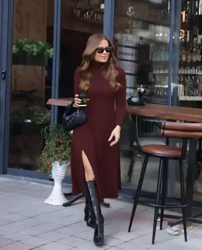 Women's Long Sleeve Turtleneck Deep Slit Detail Modal Dress - 3