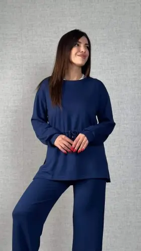 Women's Long Sleeve Turtleneck Drawstring Waist Viscose Two Thread Blouse and Pants Set - 1