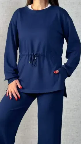 Women's Long Sleeve Turtleneck Drawstring Waist Viscose Two Thread Blouse and Pants Set - 2