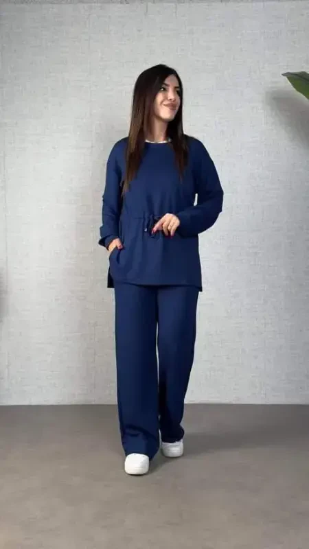 Women's Long Sleeve Turtleneck Drawstring Waist Viscose Two Thread Blouse and Pants Set - 3