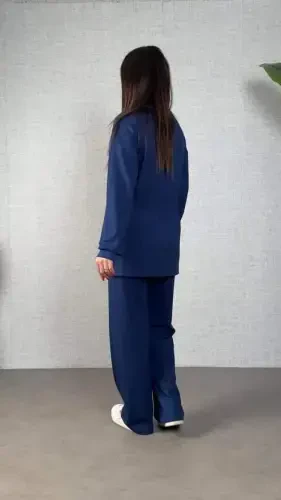 Women's Long Sleeve Turtleneck Drawstring Waist Viscose Two Thread Blouse and Pants Set - 4