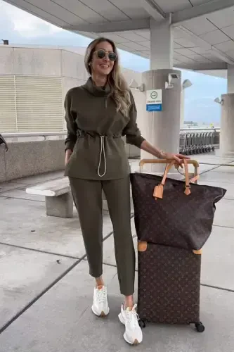 Women's Long Sleeve Turtleneck Elastic Waist Modal Blouse and Pants Set - 1