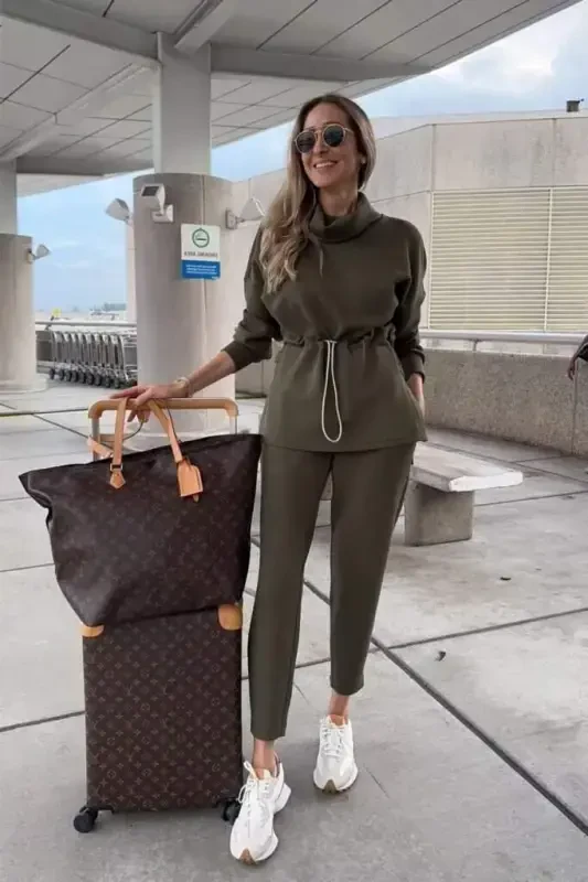 Women's Long Sleeve Turtleneck Elastic Waist Modal Blouse and Pants Set - 2