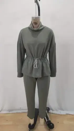 Women's Long Sleeve Turtleneck Elastic Waist Modal Blouse and Pants Set - 5
