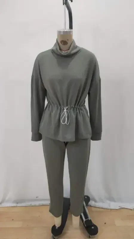 Women's Long Sleeve Turtleneck Elastic Waist Modal Blouse and Pants Set - 5