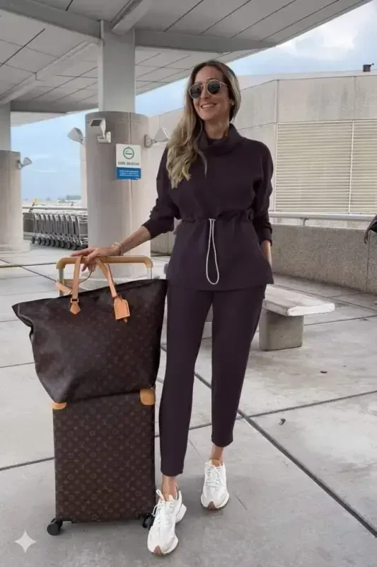 Women's Long Sleeve Turtleneck Elastic Waist Modal Blouse and Pants Set - 4