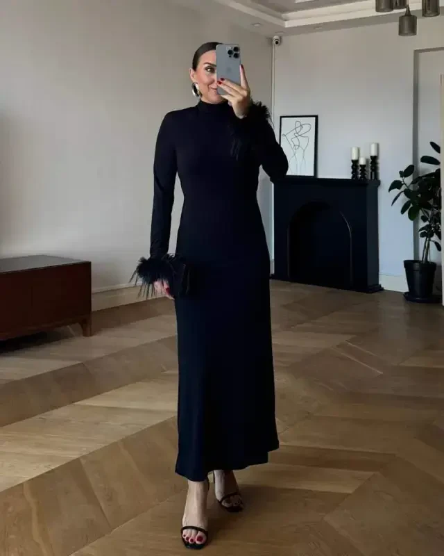 Women's Long Sleeve Turtleneck Feather Detail Long Crepe Dress - 1