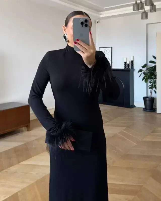 Women's Long Sleeve Turtleneck Feather Detail Long Crepe Dress - 2