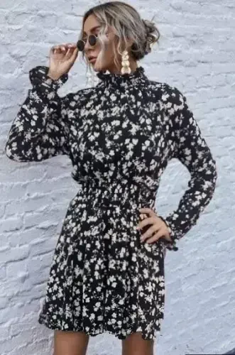Women's Long Sleeve Turtleneck Floral Print Helen Fabric Dress - 1