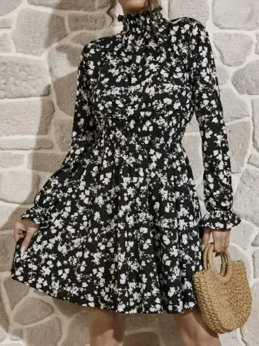 Women's Long Sleeve Turtleneck Floral Print Helen Fabric Dress - 5